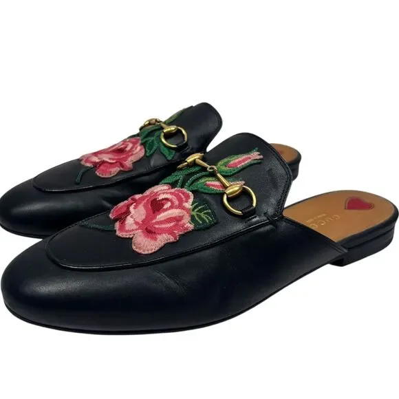 Gucci Princetown Rose Embroidered Black Loafer Mules Sz 40 Designer Iconic Flats - Picture 1 of 11
